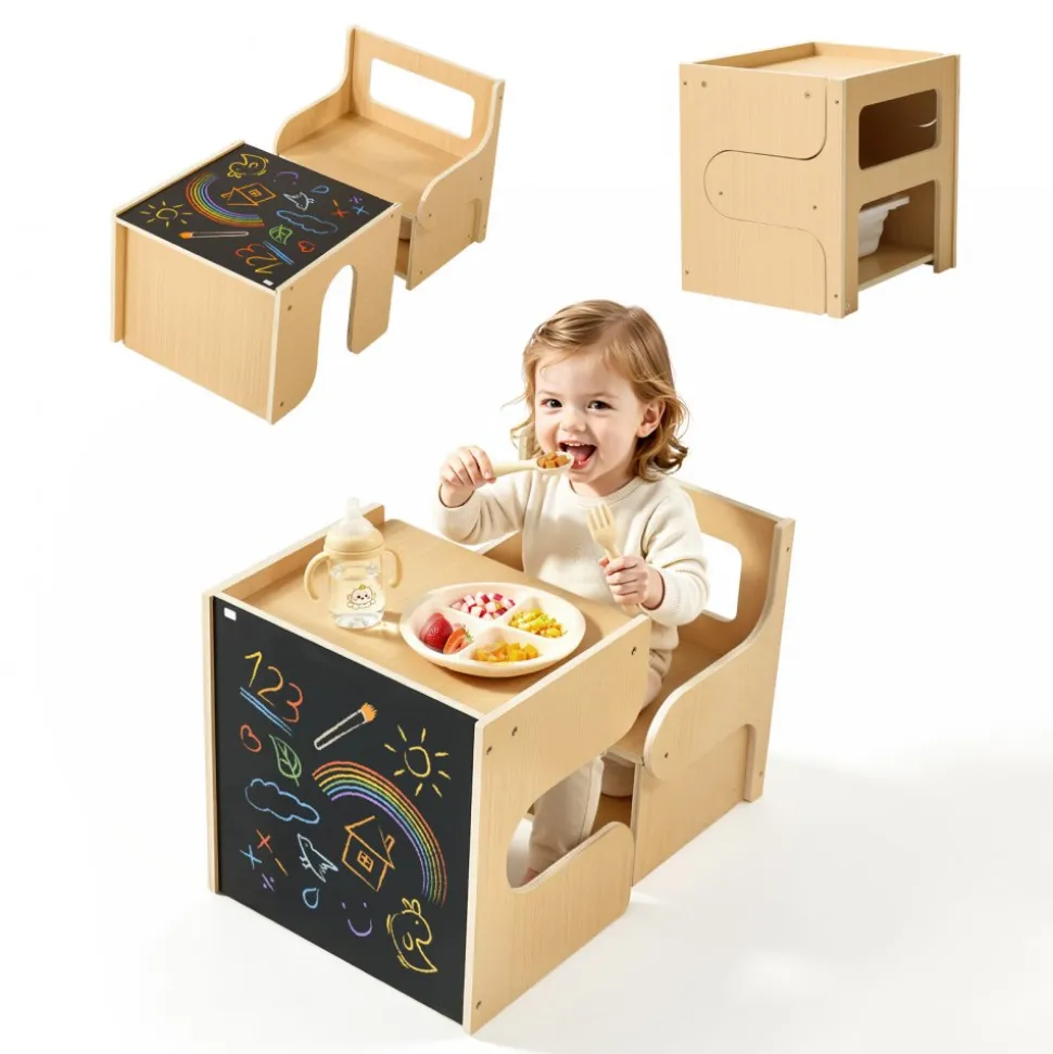 VEVOR Montessori Weaning Table and Chair Set, Wooden, Kids Table and Chair Set for Toddlers 1-5, Step Stool with Blackboard and Storage Space, Easy to Clean, for Eating, Drawing, Reading, Playing