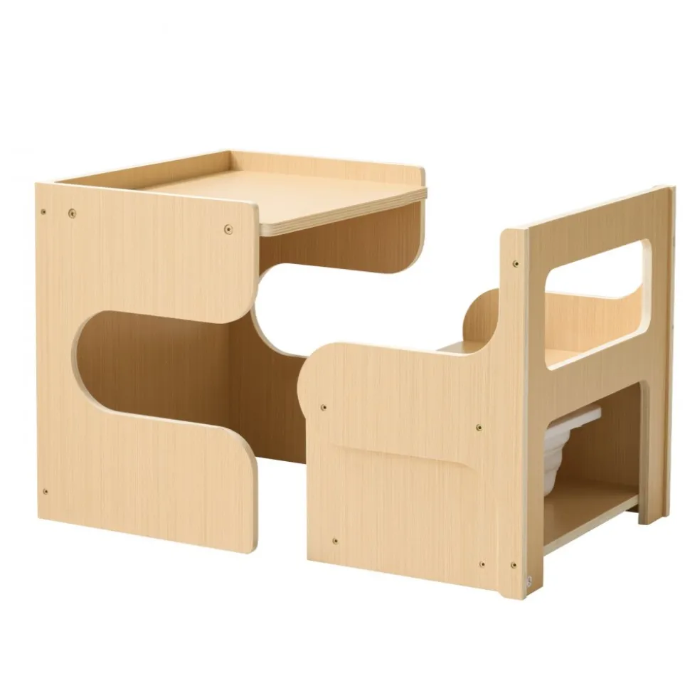 VEVOR Montessori Weaning Table and Chair Set, Wooden, Kids Table and Chair Set for Toddlers 1-5, Step Stool with Blackboard and Storage Space, Easy to Clean, for Eating, Drawing, Reading, Playing