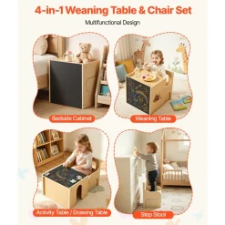 VEVOR Montessori Weaning Table and Chair Set, Wooden, Kids Table and Chair Set for Toddlers 1-5, Step Stool with Blackboard and Storage Space, Easy to Clean, for Eating, Drawing, Reading, Playing