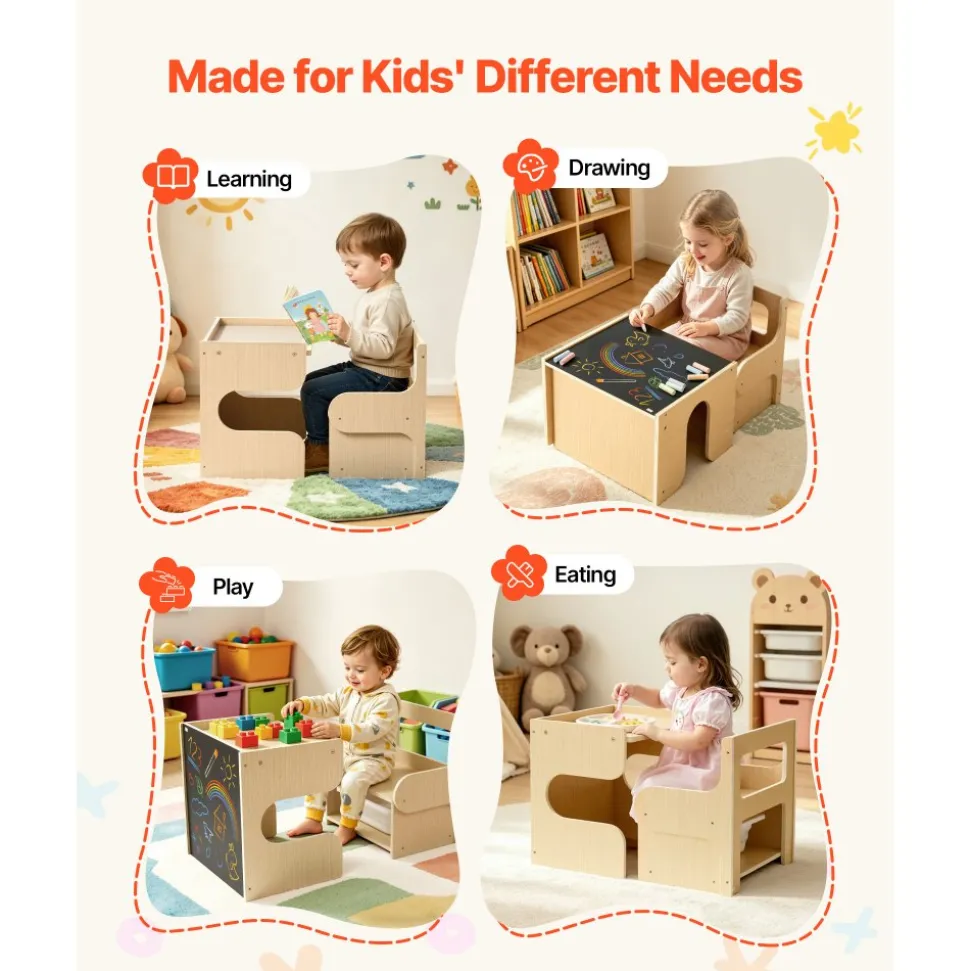 VEVOR Montessori Weaning Table and Chair Set, Wooden, Kids Table and Chair Set for Toddlers 1-5, Step Stool with Blackboard and Storage Space, Easy to Clean, for Eating, Drawing, Reading, Playing