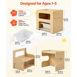 VEVOR Montessori Weaning Table and Chair Set, Wooden, Kids Table and Chair Set for Toddlers 1-5, Step Stool with Blackboard and Storage Space, Easy to Clean, for Eating, Drawing, Reading, Playing