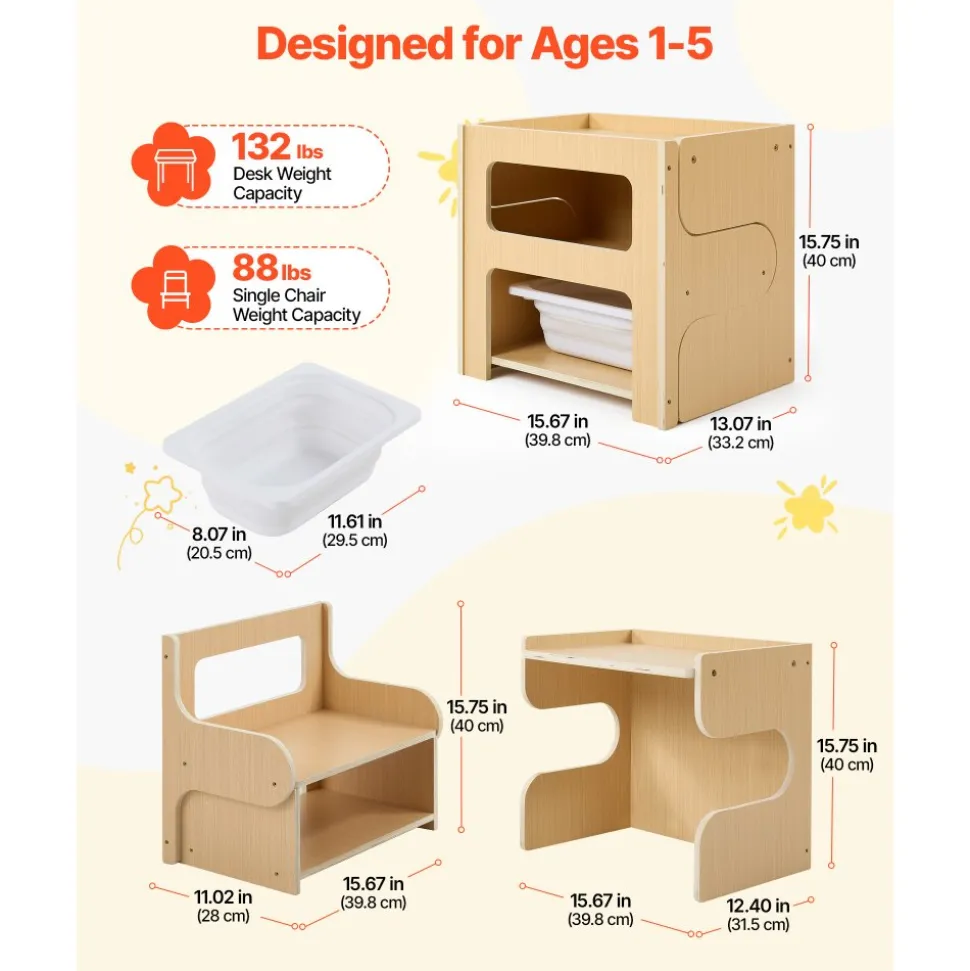 VEVOR Montessori Weaning Table and Chair Set, Wooden, Kids Table and Chair Set for Toddlers 1-5, Step Stool with Blackboard and Storage Space, Easy to Clean, for Eating, Drawing, Reading, Playing