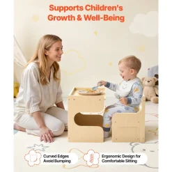 VEVOR Montessori Weaning Table and Chair Set, Wooden, Kids Table and Chair Set for Toddlers 1-5, Step Stool with Blackboard and Storage Space, Easy to Clean, for Eating, Drawing, Reading, Playing