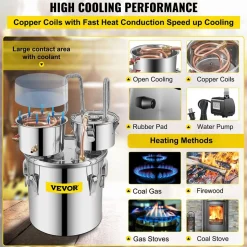 VEVOR Moonshine Still Distiller 3Gal 12L Stainless Steel Water Distiller Copper Tube with Circulating Pump Home Brewing Kit Build-in Thermometer for DIY Whisky Wine Brandy Spirits