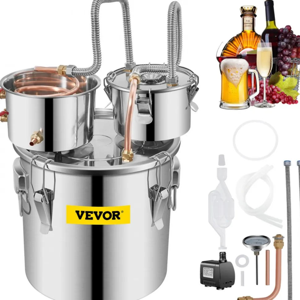VEVOR Moonshine Still Stainless Steel Water Alcohol Distiller Copper Tube With Circulating Pump Home Brewing Kit Build-in Thermometer for DIY Whisky Wine Brandy Spirits