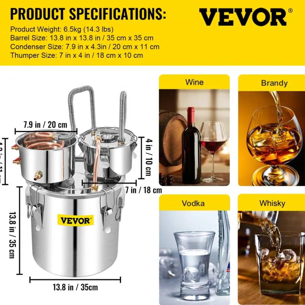 VEVOR Moonshine Still Stainless Steel Water Alcohol Distiller Copper Tube With Circulating Pump Home Brewing Kit Build-in Thermometer for DIY Whisky Wine Brandy Spirits