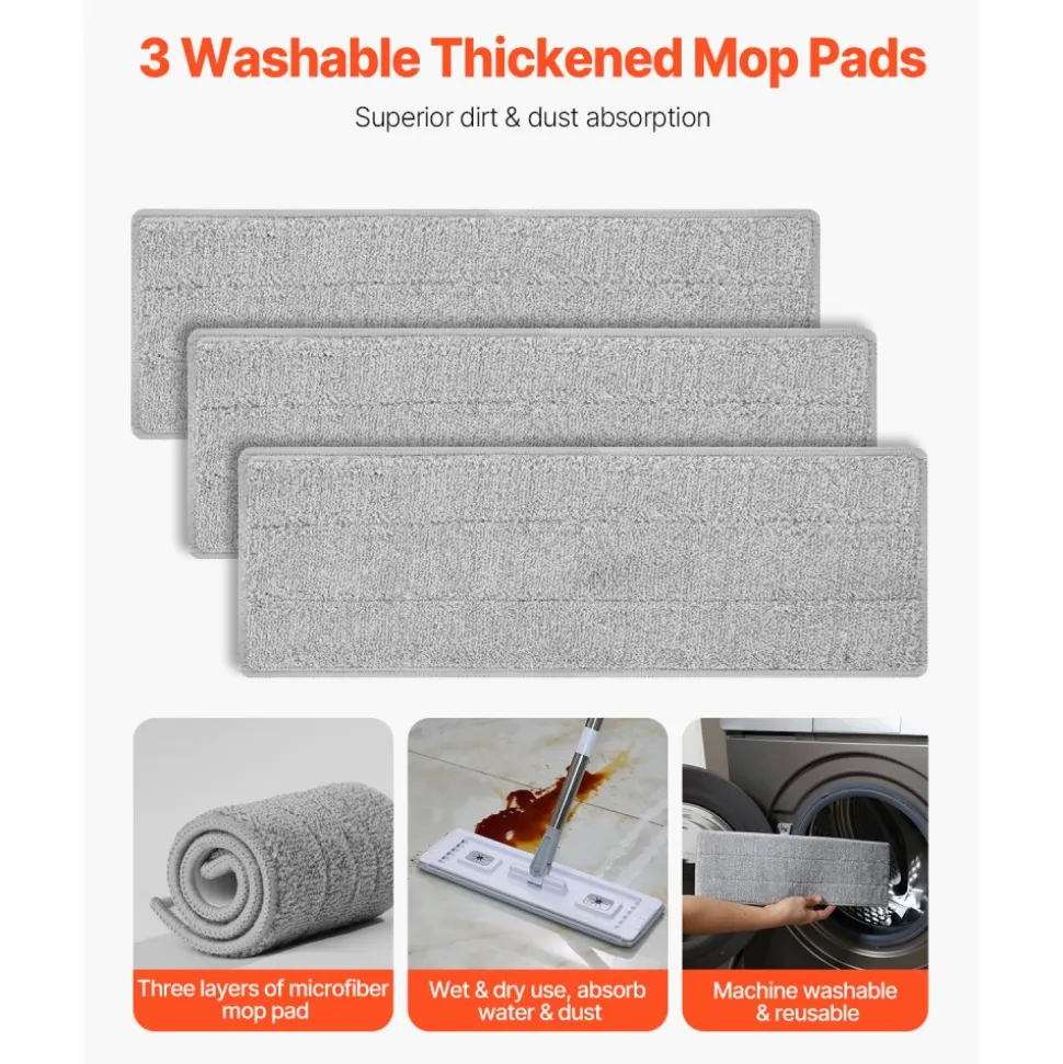 VEVOR Mop and Bucket with Wringer Set, Wet & Dry Use, Flat Mop and Bucket System with 3 Washable Microfiber Pads, Flat Mop with Stainless Steel Handle, Mop Bucket Set for Hardwood Tile Vinyl
