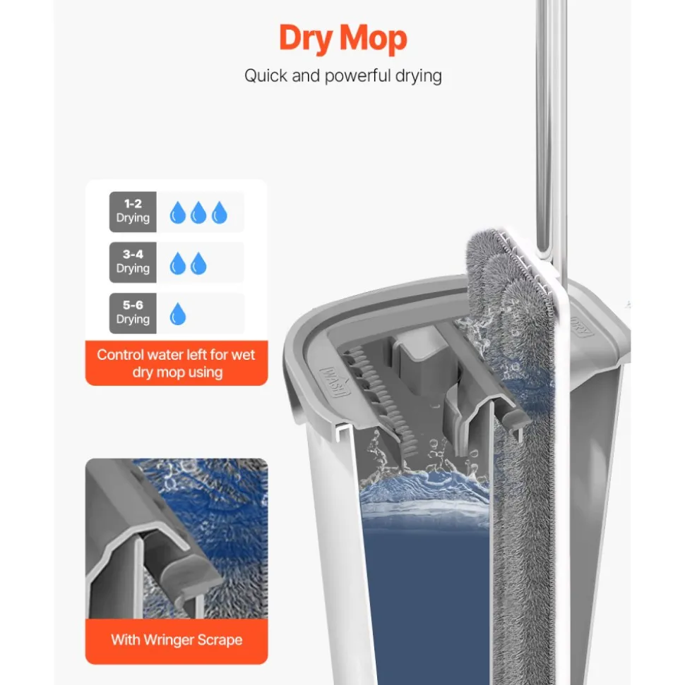 VEVOR Mop and Bucket with Wringer Set, Wet & Dry Use, Flat Mop and Bucket System with 3 Washable Microfiber Pads, Flat Mop with Stainless Steel Handle, Mop Bucket Set for Hardwood Tile Vinyl