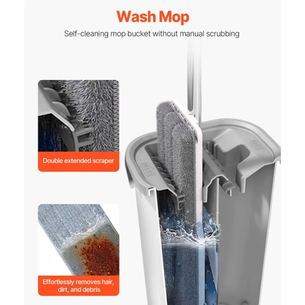 VEVOR Mop and Bucket with Wringer Set, Wet & Dry Use, Flat Mop and Bucket System with 3 Washable Microfiber Pads, Flat Mop with Stainless Steel Handle, Mop Bucket Set for Hardwood Tile Vinyl