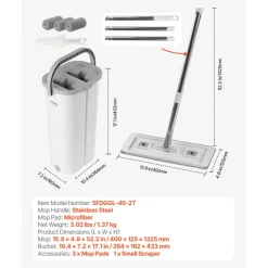 VEVOR Mop and Bucket with Wringer Set, Wet & Dry Use, Flat Mop and Bucket System with 3 Washable Microfiber Pads, Flat Mop with Stainless Steel Handle, Mop Bucket Set for Hardwood Tile Vinyl