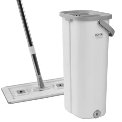 VEVOR Mop and Bucket with Wringer Set, Wet & Dry Use, Flat Mop and Bucket System with 3 Washable Microfiber Pads, Flat Mop with Stainless Steel Handle, Mop Bucket Set for Hardwood Tile Vinyl