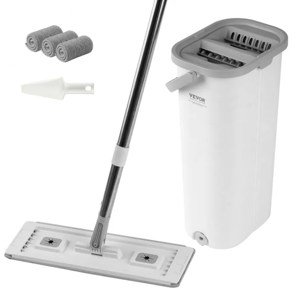 VEVOR Mop and Bucket with Wringer Set, Wet & Dry Use, Flat Mop and Bucket System with 3 Washable Microfiber Pads, Flat Mop with Stainless Steel Handle, Mop Bucket Set for Hardwood Tile Vinyl