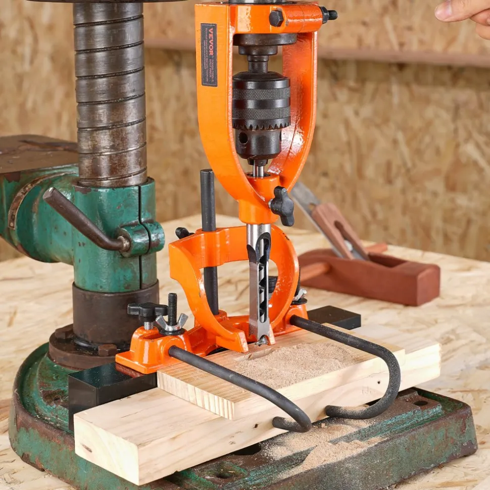 VEVOR Mortising Attachment for Drill Press, 4 Model Drills Square Hole Chisel Set, Bench Drill Locator Set Mortise and Tenon Tools with 5 Bushings, for Woodworking Mortising Tenoning Drilling Machine