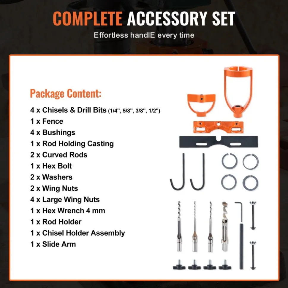 VEVOR Mortising Attachment for Drill Press, 4 Model Drills Square Hole Chisel Set, Bench Drill Locator Set Mortise and Tenon Tools with 5 Bushings, for Woodworking Mortising Tenoning Drilling Machine