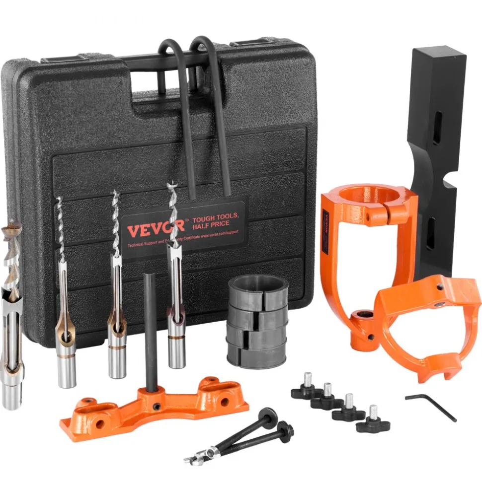 VEVOR Mortising Attachment for Drill Press, 4 Model Drills Square Hole Chisel Set, Bench Drill Locator Set Mortise and Tenon Tools with 5 Bushings, for Woodworking Mortising Tenoning Drilling Machine