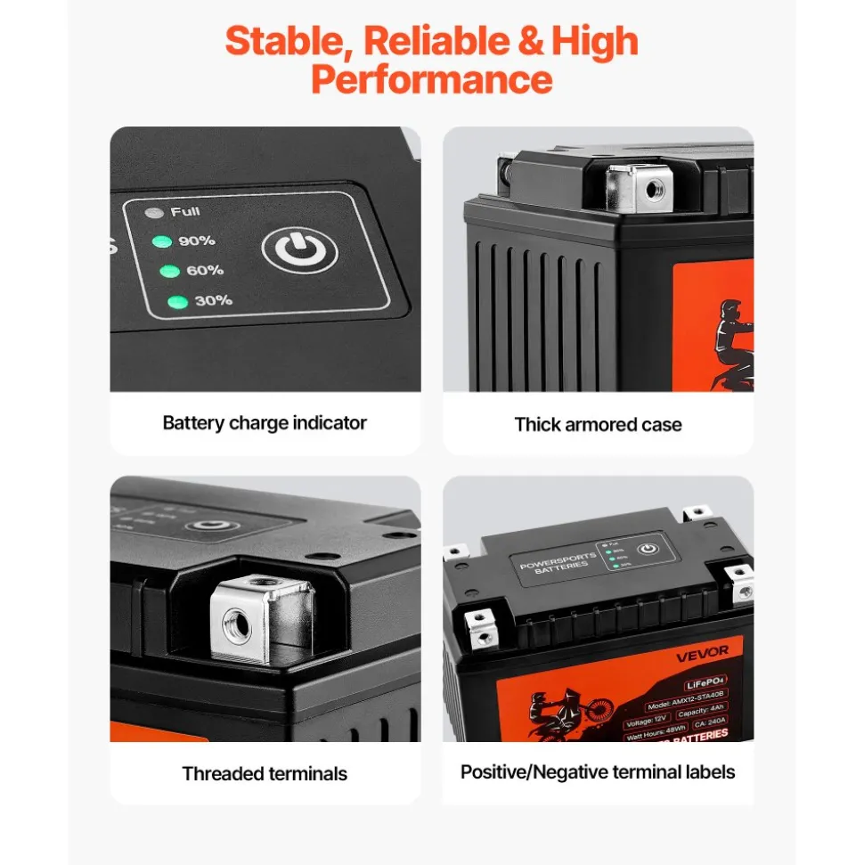 VEVOR Motorcycle Battery, 12 Volt 4Ah, LiFePO4 Lithium Pre-Charged Powersports Battery, Maintenance Free & High Performance, Compatible with ATV, Motorcycle, Jet Skis, Scooter, UTV, and More