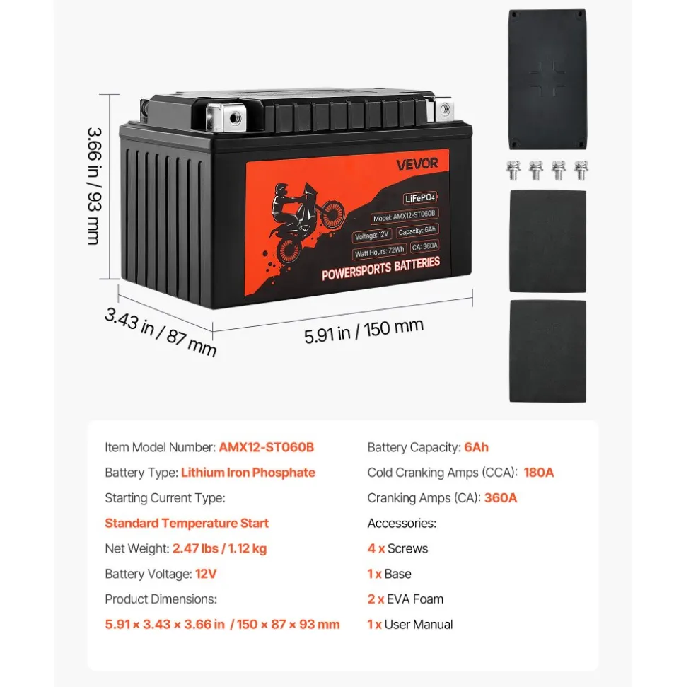 VEVOR Motorcycle Battery, 12 Volt 6Ah, LiFePO4 Lithium Pre-Charged Powersports Battery, Maintenance Free & High Performance, Compatible with ATV, Motorcycle, Jet Skis, Scooter, UTV, and More