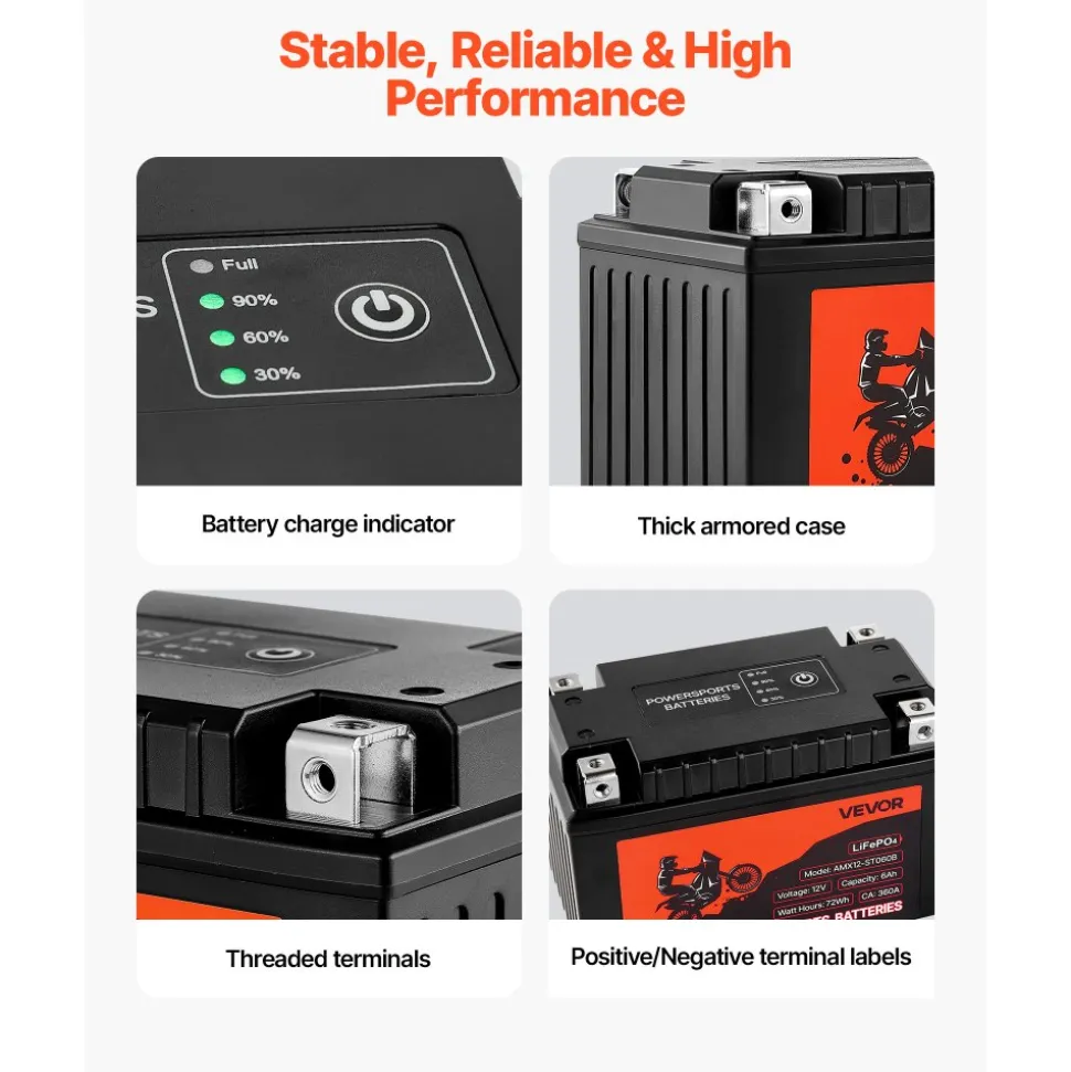 VEVOR Motorcycle Battery, 12 Volt 6Ah, LiFePO4 Lithium Pre-Charged Powersports Battery, Maintenance Free & High Performance, Compatible with ATV, Motorcycle, Jet Skis, Scooter, UTV, and More