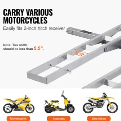 VEVOR Motorcycle Carrier, 2-Bike 600 LBS Aluminum Motorcycle Carrier Hitch Mount, Loading Ramp, Scooter Dirt Bike Trailer Hauler, Ratchet Straps and Stabilizer, for Car, Truck with 2