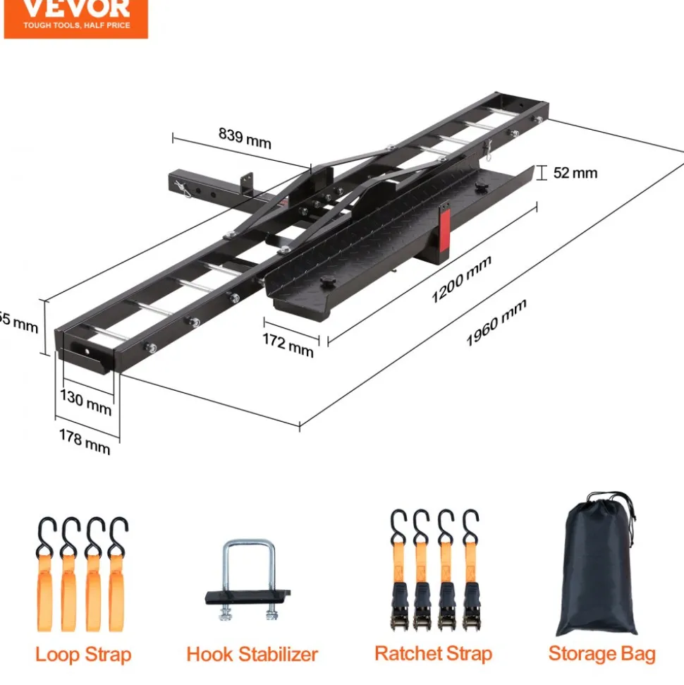VEVOR Motorcycle Carrier, 600 LBS Steel Motorcycle Carrier Hitch Mount with Loading Ramp, Scooter Dirt Bike Trailer Hauler with Ratchet Straps and Stabilizer, for Car, Truck with 2" Hitch Receiver