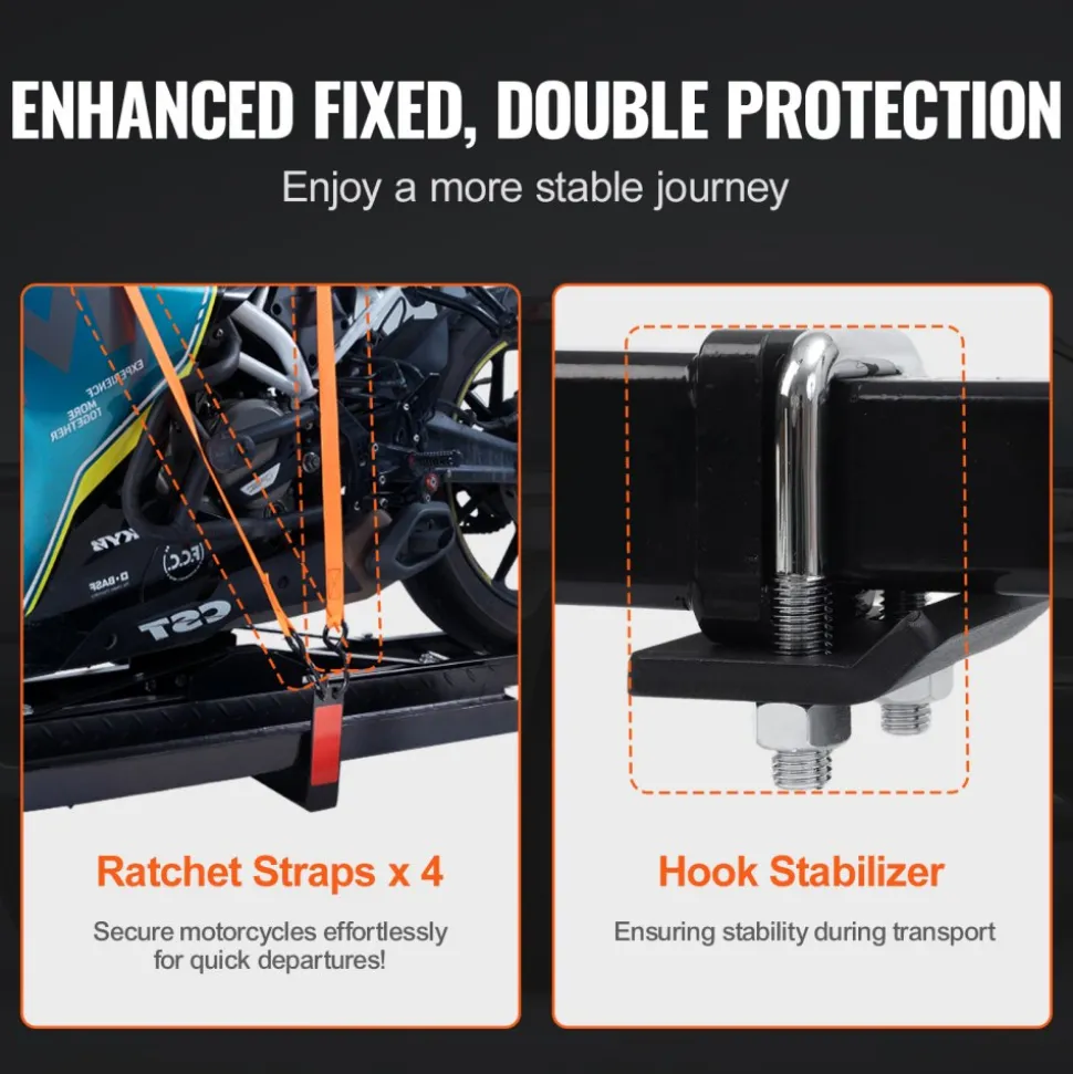 VEVOR Motorcycle Carrier, 600 LBS Steel Motorcycle Carrier Hitch Mount with Loading Ramp, Scooter Dirt Bike Trailer Hauler with Ratchet Straps and Stabilizer, for Car, Truck with 2" Hitch Receiver