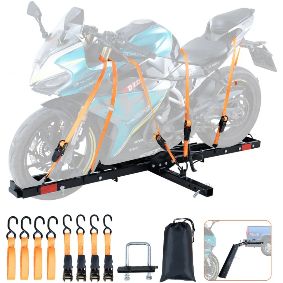 VEVOR Motorcycle Carrier, 600 LBS Steel Motorcycle Carrier Hitch Mount with Loading Ramp, Scooter Dirt Bike Trailer Hauler with Ratchet Straps and Stabilizer, for Car, Truck with 2" Hitch Receiver