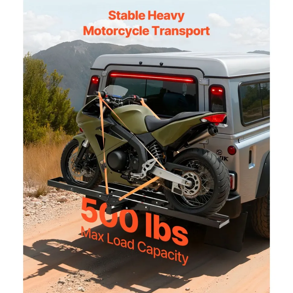 VEVOR Motorcycle Carrier, 500 lbs Capacity, Heavy Duty Steel Hitch Mount Rack with 47in Ramp, Ratchet Straps & Stabilizer, Scooter Dirt Bike Trailer Hauler for Car Truck with 2-Inch Hitch Receiver
