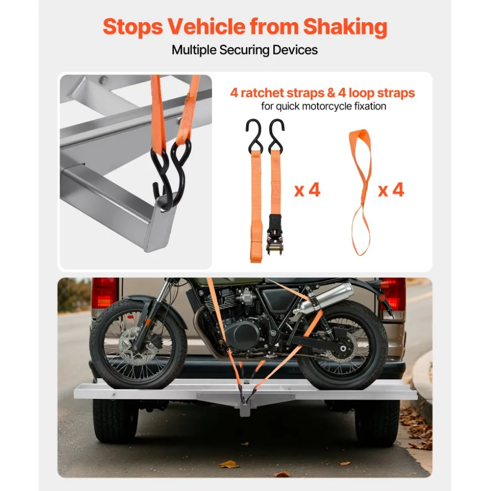 VEVOR Motorcycle Carrier, 400 lbs Capacity, Heavy Duty Aluminum Hitch Mount Rack with 73in Loading Ramp, Straps & Stabilizer, Scooter Dirt Bike Trailer Hauler for Car Truck with 2-Inch Hitch Receiver