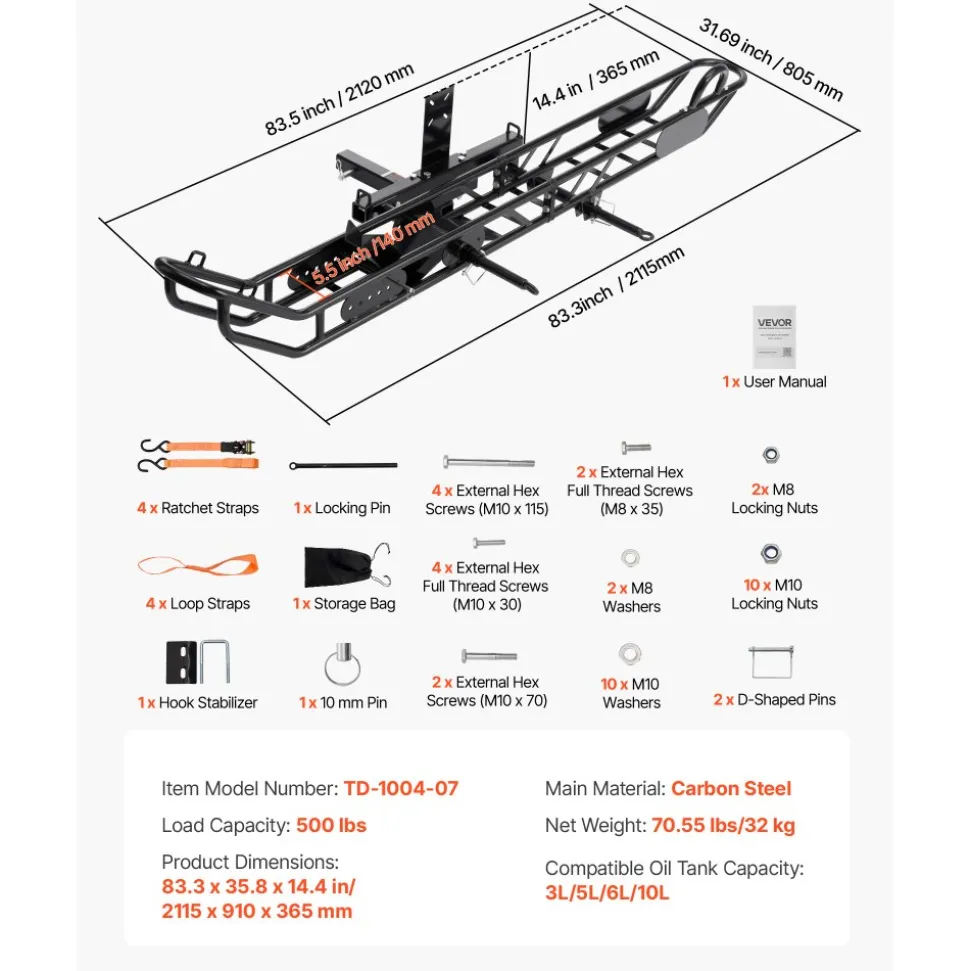VEVOR Motorcycle Carrier, 500 lbs Capacity, Heavy Duty Steel Hitch Mount Rack with Anti-Tilt Lock Device, Straps & Stabilizer, Scooter Dirt Bike Trailer Hauler for Car Truck with 2-Inch Hitch Receiver