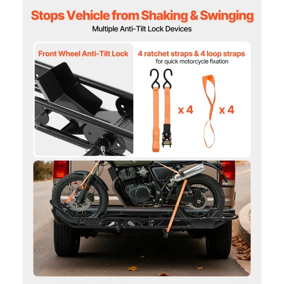 VEVOR Motorcycle Carrier, 500 lbs Capacity, Heavy Duty Steel Hitch Mount Rack with Anti-Tilt Lock Device, Straps & Stabilizer, Scooter Dirt Bike Trailer Hauler for Car Truck with 2-Inch Hitch Receiver