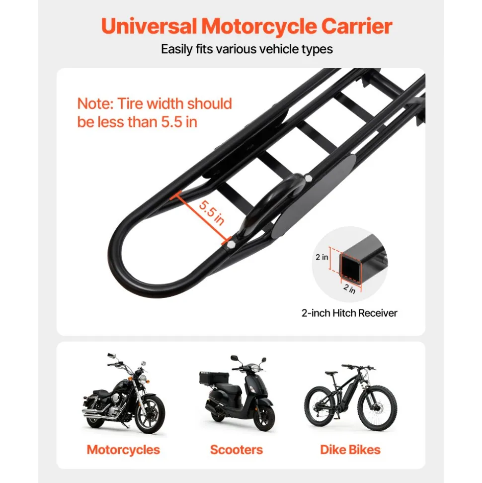 VEVOR Motorcycle Carrier, 500 lbs Capacity, Heavy Duty Steel Hitch Mount Rack with Anti-Tilt Lock Device, Straps & Stabilizer, Scooter Dirt Bike Trailer Hauler for Car Truck with 2-Inch Hitch Receiver