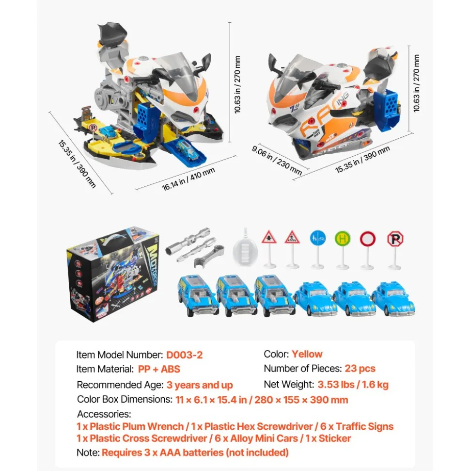 VEVOR Motorcycle Engine Toy, 25 Pieces, Motorcycle Mechanic Toy with Removable Parts, Lights & Sounds, Simulated Riding & Track Racing, Kids Mechanic Workshop Set for Toddler 3 Years and Up, Yellow