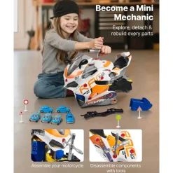 VEVOR Motorcycle Engine Toy, 25 Pieces, Motorcycle Mechanic Toy with Removable Parts, Lights & Sounds, Simulated Riding & Track Racing, Kids Mechanic Workshop Set for Toddler 3 Years and Up, Yellow