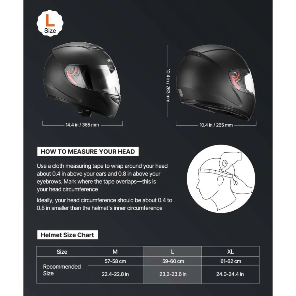 VEVOR Motorcycle Helmet, Full Face, Adult Motocross Dirt Bike Helmet with Tinted and Clear Dual Visor, Motorbike Racing Street with Detachable Liner for Men & Women, DOT Approved, (Matte Black, L)