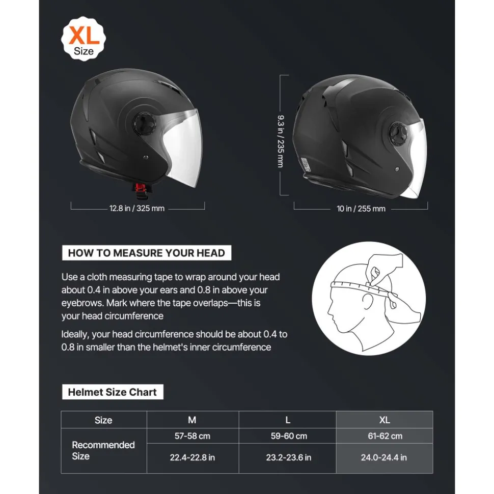 VEVOR Motorcycle Helmet, 3/4 Open Face, Adult Motocross Dirt Bike Helmet with Clear Visor, Comfortable Motorbike Racing Street with Detachable Liner for Men & Women, DOT Approved, (Matte Black, XL)