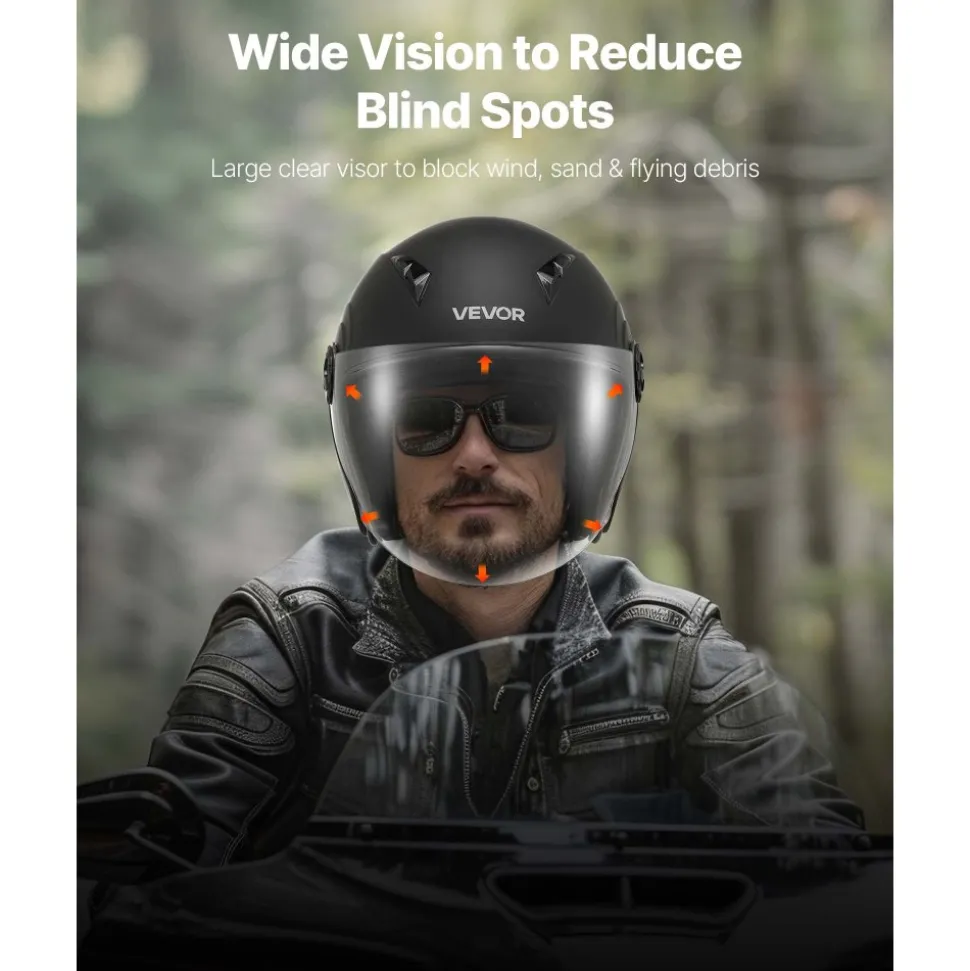 VEVOR Motorcycle Helmet, 3/4 Open Face, Adult Motocross Dirt Bike Helmet with Clear Visor, Comfortable Motorbike Racing Street with Detachable Liner for Men & Women, DOT Approved, (Matte Black, XL)