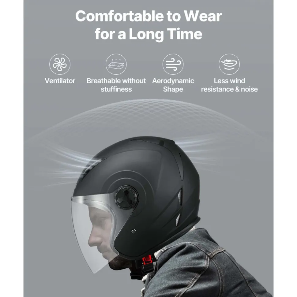 VEVOR Motorcycle Helmet, 3/4 Open Face, Adult Motocross Dirt Bike Helmet with Clear Visor, Comfortable Motorbike Racing Street with Detachable Liner for Men & Women, DOT Approved, (Matte Black, XL)