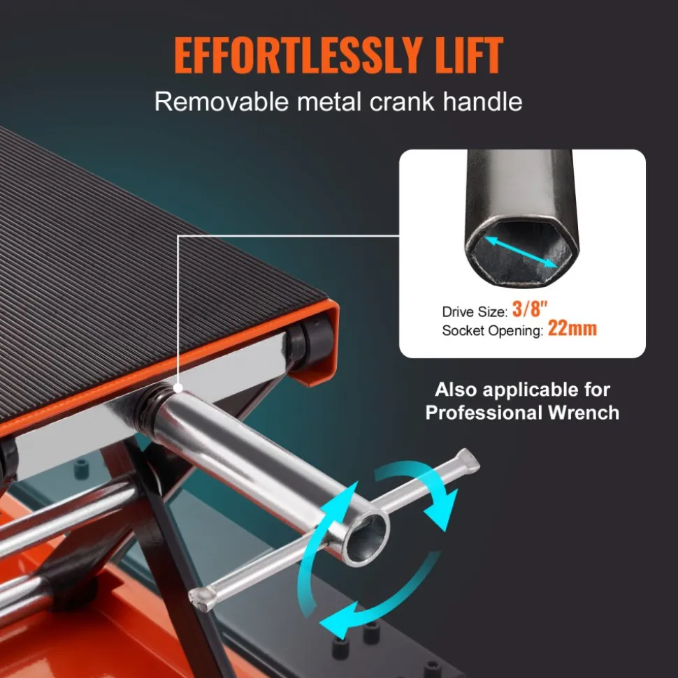 VEVOR Motorcycle Lift, 1100 LBS Motorcycle Lift ATV Scissor Lift Jack with Dolly & Hand Crank, Center Hoist Crank Stand with Wide Deck & Tool Tray for Street Bikes, Cruiser Bikes, Touring Motorcycles