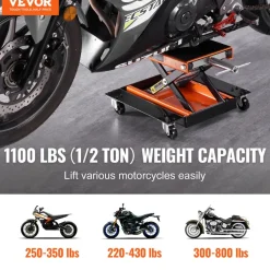VEVOR Motorcycle Lift, 1100 LBS Motorcycle Lift ATV Scissor Lift Jack with Dolly & Hand Crank, Center Hoist Crank Stand with Wide Deck & Tool Tray for Street Bikes, Cruiser Bikes, Touring Motorcycles