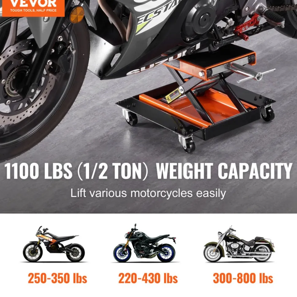 VEVOR Motorcycle Lift, 1100 LBS Motorcycle Lift ATV Scissor Lift Jack with Dolly & Hand Crank, Center Hoist Crank Stand with Wide Deck & Tool Tray for Street Bikes, Cruiser Bikes, Touring Motorcycles