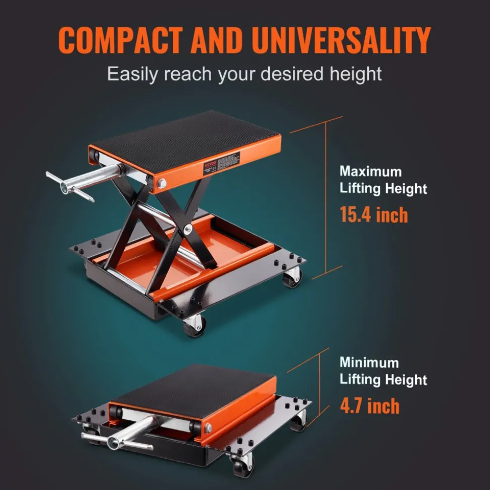 VEVOR Motorcycle Lift, 1100 LBS Motorcycle Lift ATV Scissor Lift Jack with Dolly & Hand Crank, Center Hoist Crank Stand with Wide Deck & Tool Tray for Street Bikes, Cruiser Bikes, Touring Motorcycles