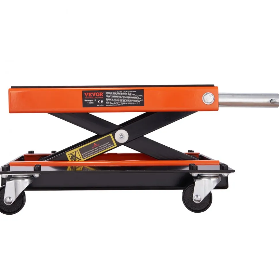 VEVOR Motorcycle Lift, 1100 LBS Motorcycle Lift ATV Scissor Lift Jack with Dolly & Hand Crank, Center Hoist Crank Stand with Wide Deck & Tool Tray for Street Bikes, Cruiser Bikes, Touring Motorcycles
