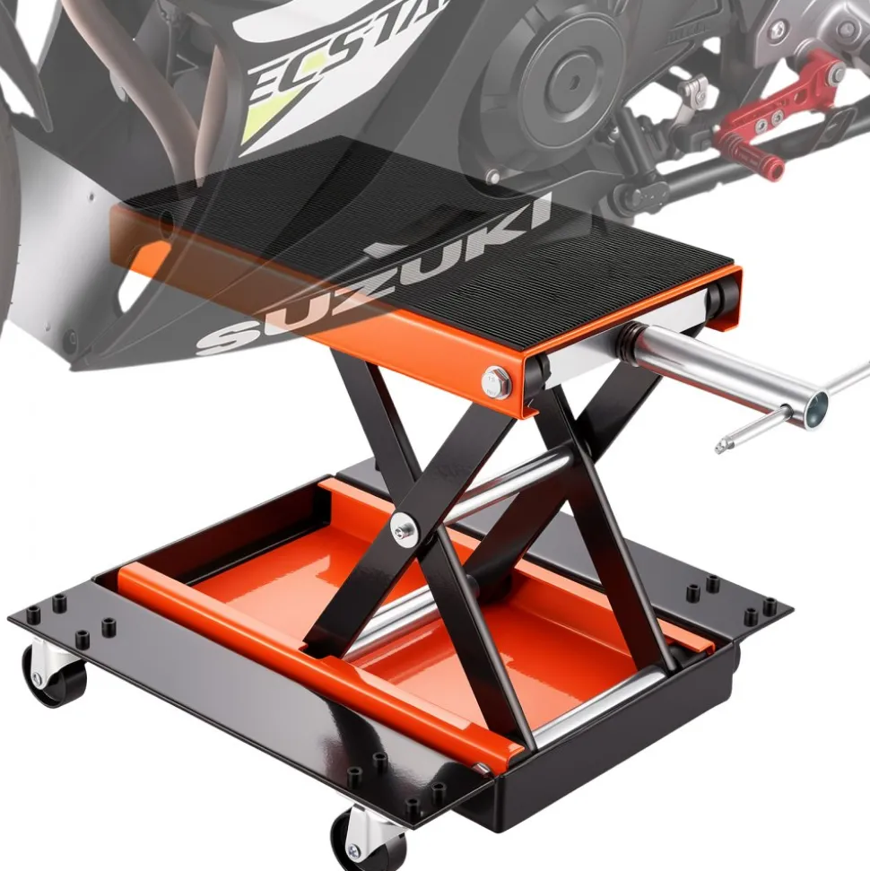 VEVOR Motorcycle Lift, 1100 LBS Motorcycle Lift ATV Scissor Lift Jack with Dolly & Hand Crank, Center Hoist Crank Stand with Wide Deck & Tool Tray for Street Bikes, Cruiser Bikes, Touring Motorcycles