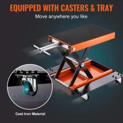 VEVOR Motorcycle Lift, 1100 LBS Motorcycle Lift ATV Scissor Lift Jack with Dolly & Hand Crank, Center Hoist Crank Stand with Wide Deck & Tool Tray for Street Bikes, Cruiser Bikes, Touring Motorcycles