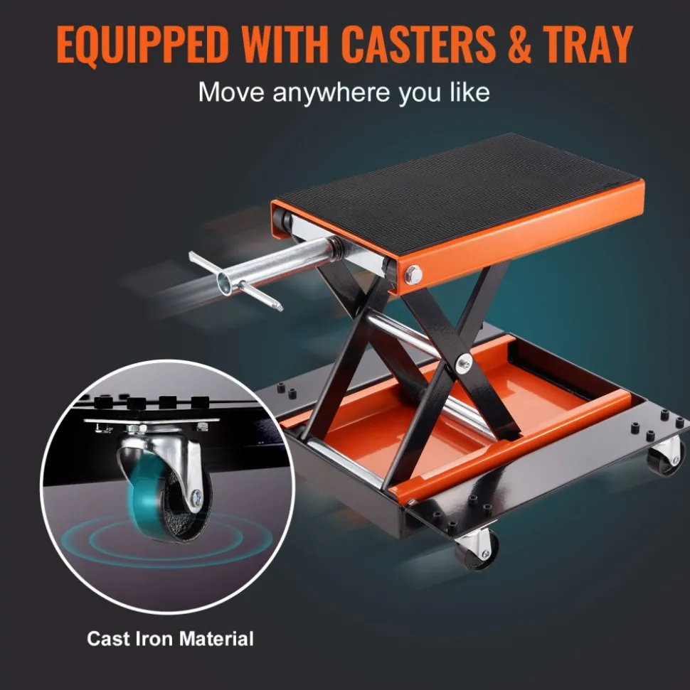 VEVOR Motorcycle Lift, 1100 LBS Motorcycle Lift ATV Scissor Lift Jack with Dolly & Hand Crank, Center Hoist Crank Stand with Wide Deck & Tool Tray for Street Bikes, Cruiser Bikes, Touring Motorcycles