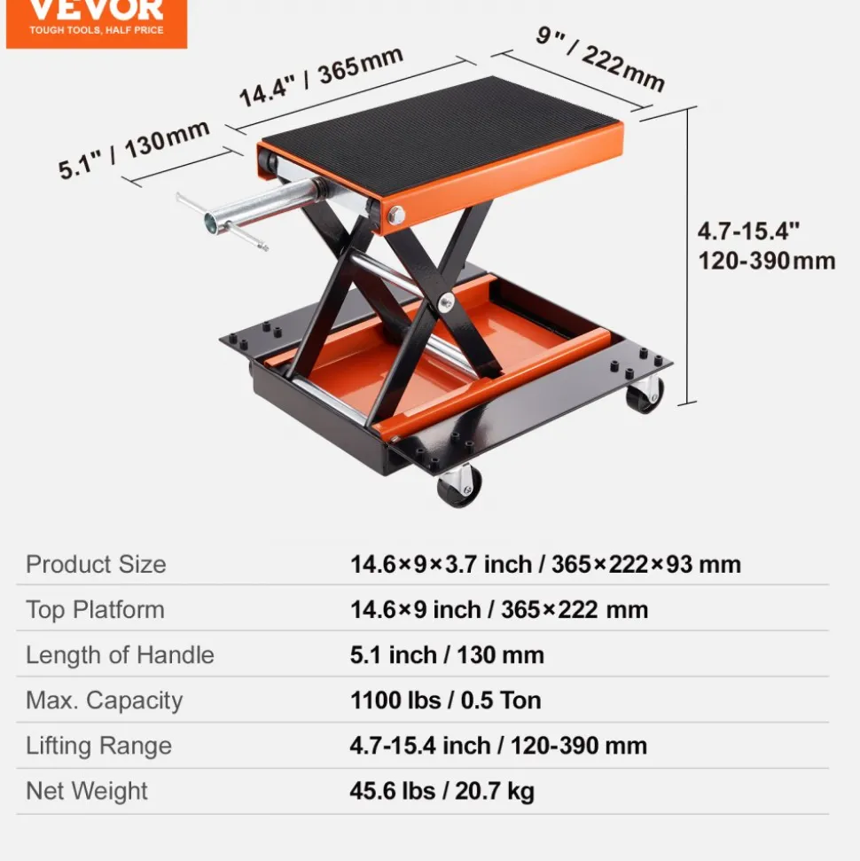 VEVOR Motorcycle Lift, 1100 LBS Motorcycle Lift ATV Scissor Lift Jack with Dolly & Hand Crank, Center Hoist Crank Stand with Wide Deck & Tool Tray for Street Bikes, Cruiser Bikes, Touring Motorcycles
