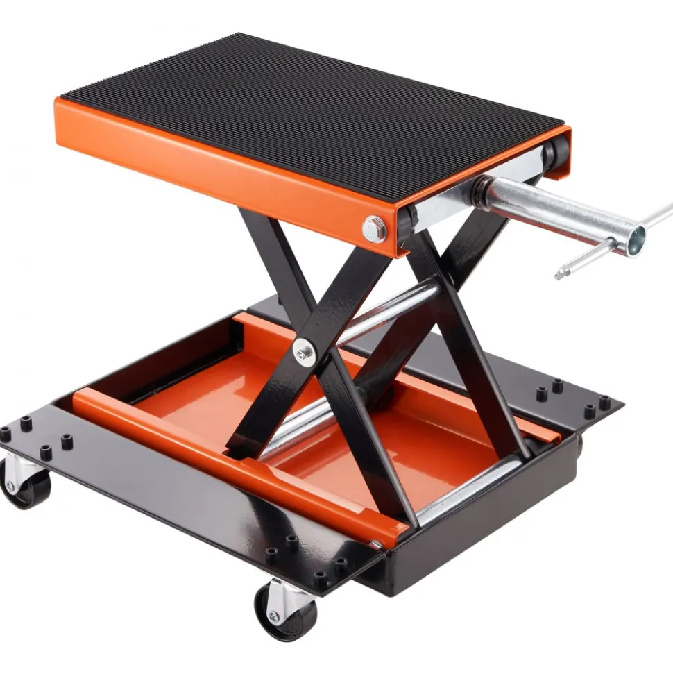 VEVOR Motorcycle Lift, 1100 LBS Motorcycle Lift ATV Scissor Lift Jack with Dolly & Hand Crank, Center Hoist Crank Stand with Wide Deck & Tool Tray for Street Bikes, Cruiser Bikes, Touring Motorcycles