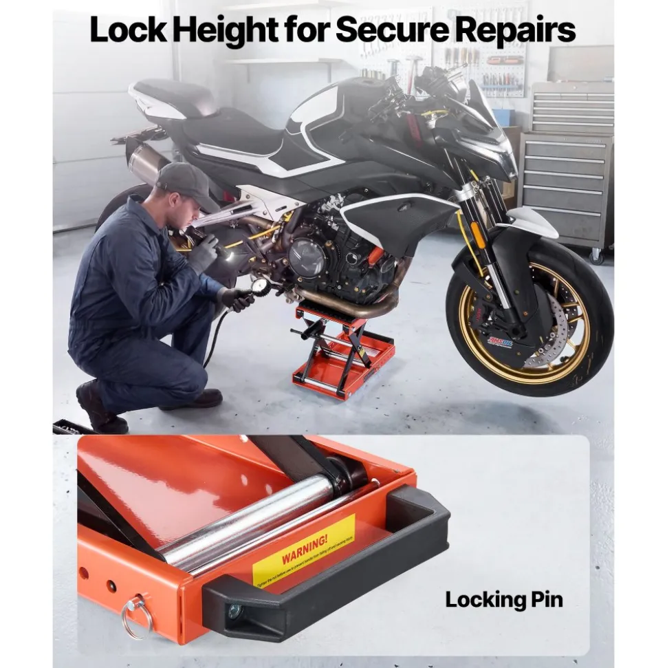 VEVOR Motorcycle Lift, 1500 lbs Motorcycle Scissor Lift Jack with Wide Deck & Lock Pin, 4.13"-13.77" Center Hoist Crank Stand, Steel Scissor Jack for Street Bikes, Cruiser Bikes, Touring Motorcycles
