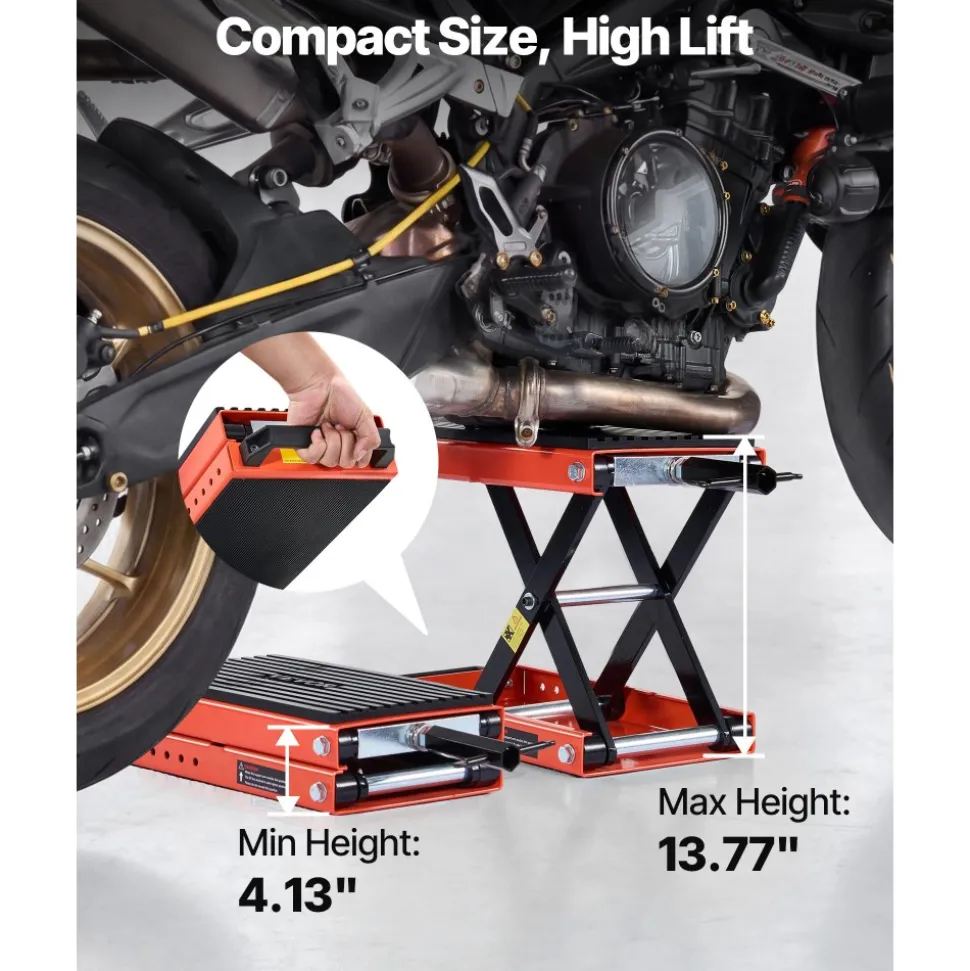VEVOR Motorcycle Lift, 1500 lbs Motorcycle Scissor Lift Jack with Wide Deck & Lock Pin, 4.13"-13.77" Center Hoist Crank Stand, Steel Scissor Jack for Street Bikes, Cruiser Bikes, Touring Motorcycles