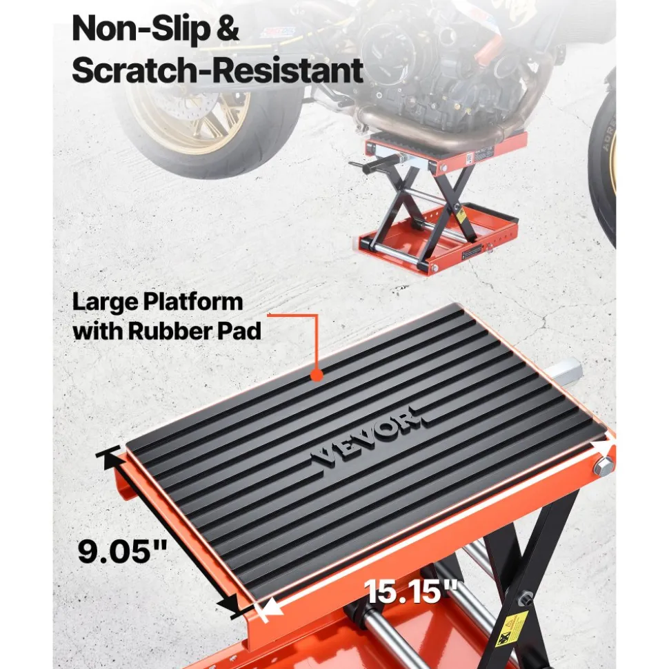 VEVOR Motorcycle Lift, 1500 lbs Motorcycle Scissor Lift Jack with Wide Deck & Lock Pin, 4.13"-13.77" Center Hoist Crank Stand, Steel Scissor Jack for Street Bikes, Cruiser Bikes, Touring Motorcycles